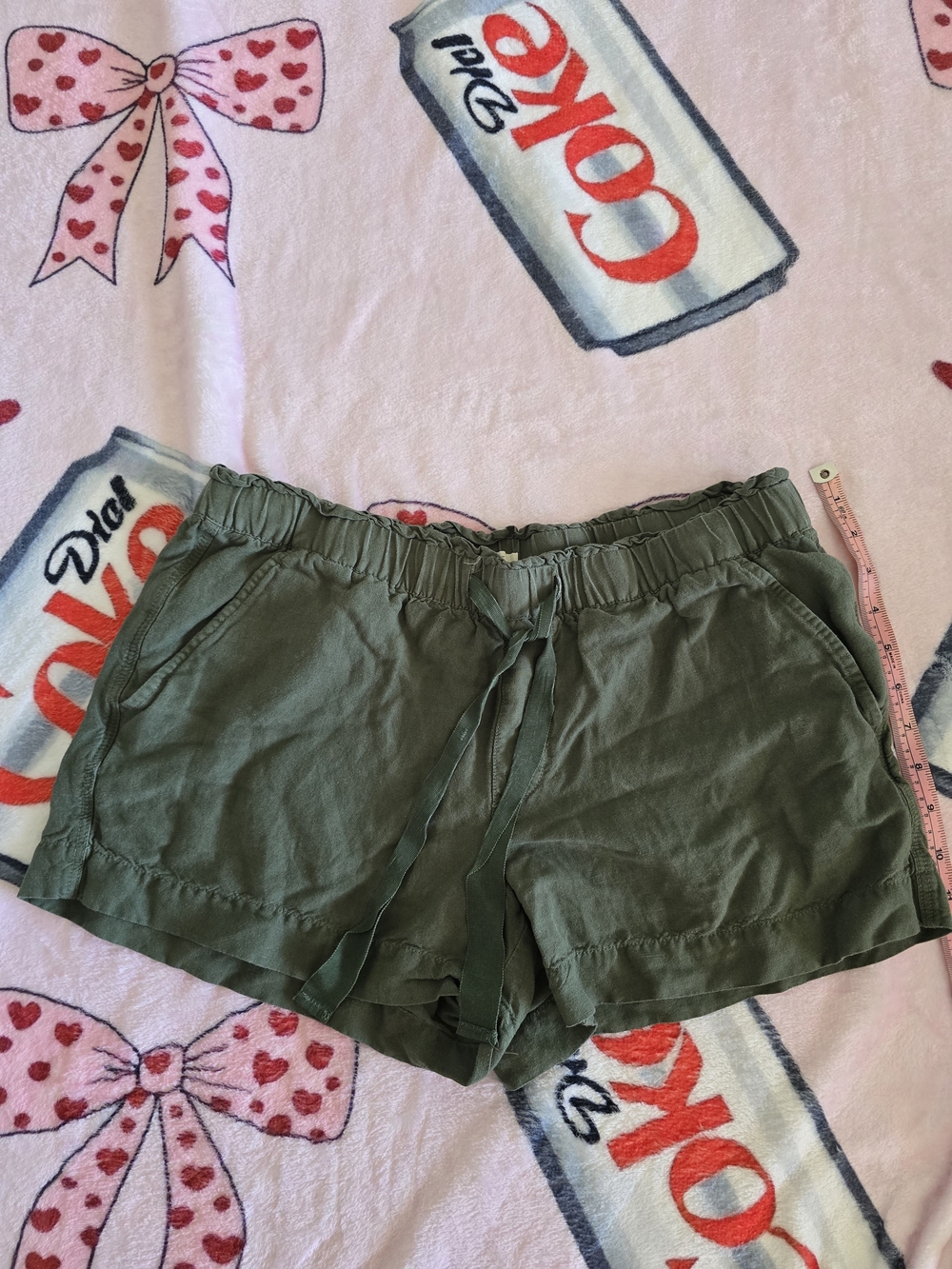 LOFT Olive Green High-Waist Linen-Blend Drawstring Shorts